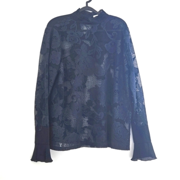See By Chloe Navy Blue Lace High Neck Long Sleeve Ruffled Blouse - Picture 3 of 11